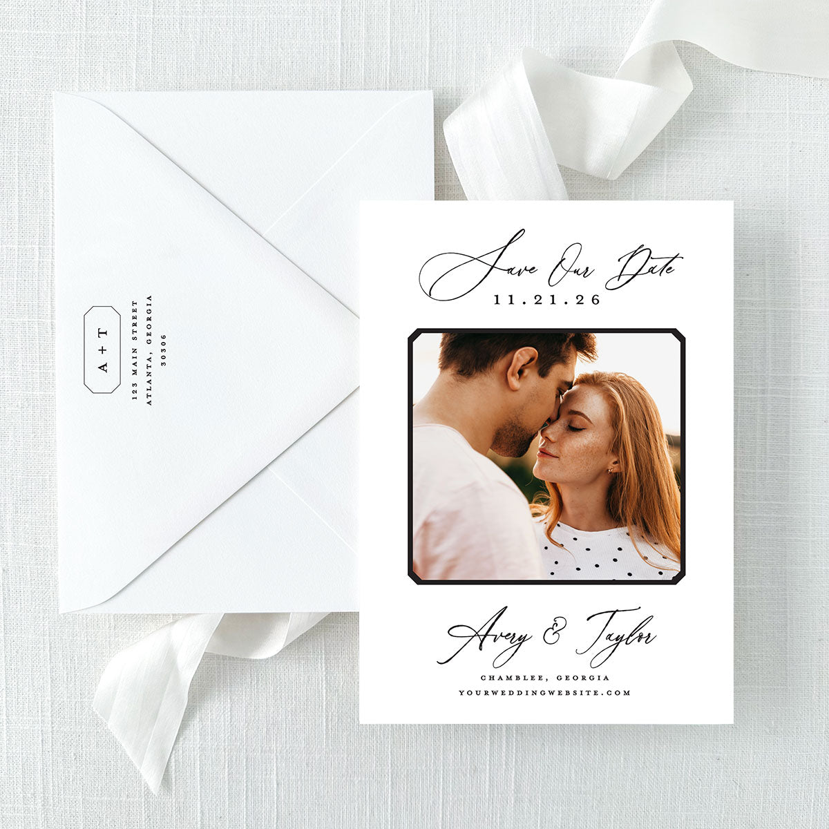 modern photo save the date with envelope featuring return address