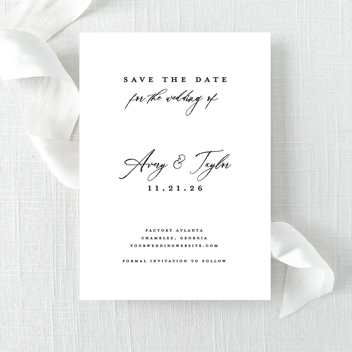 save the date card with elegant script and modern block fonts