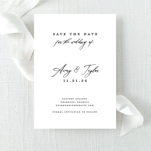 save the date card with elegant script and modern block fonts
