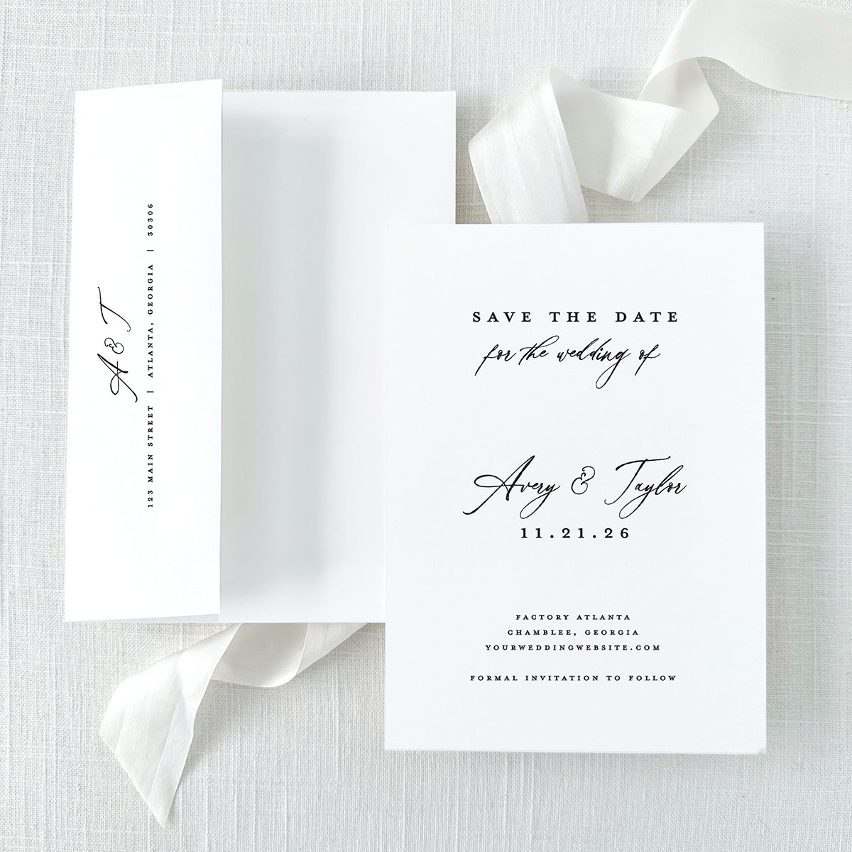 modern black and white save the date with envelope featuring return addressing