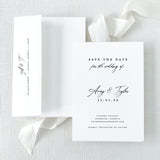 modern black and white save the date with envelope featuring return addressing
