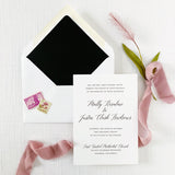 modern classic black and white wedding invitation and envelope with black liner