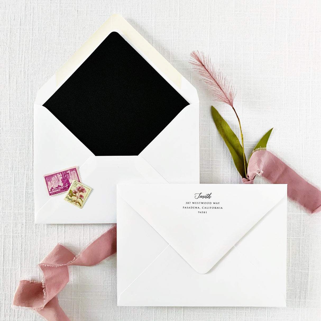 modern classic wedding invitation envelopes with black envelope liner and return addressing