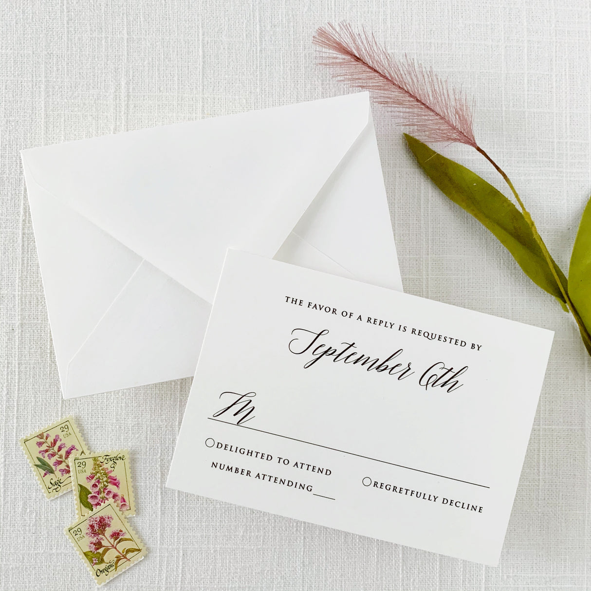 modern classic rsvp card with white envelope