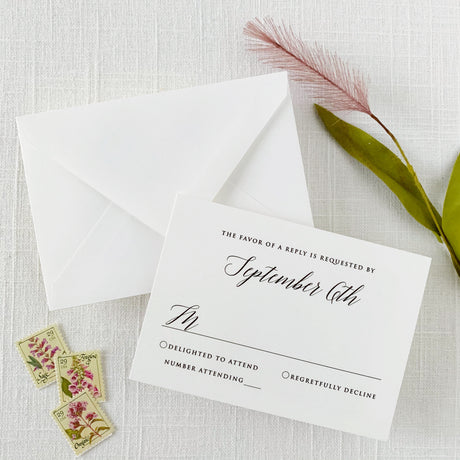 modern and classic rsvp card printed on white cardstock with white envelope