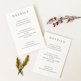modern details card with black font on white cardstock