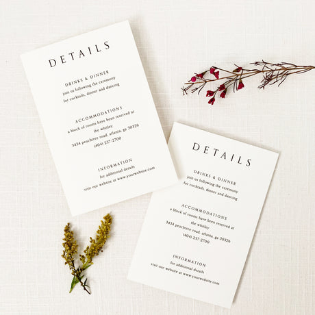 modern details card with black font on white cardstock