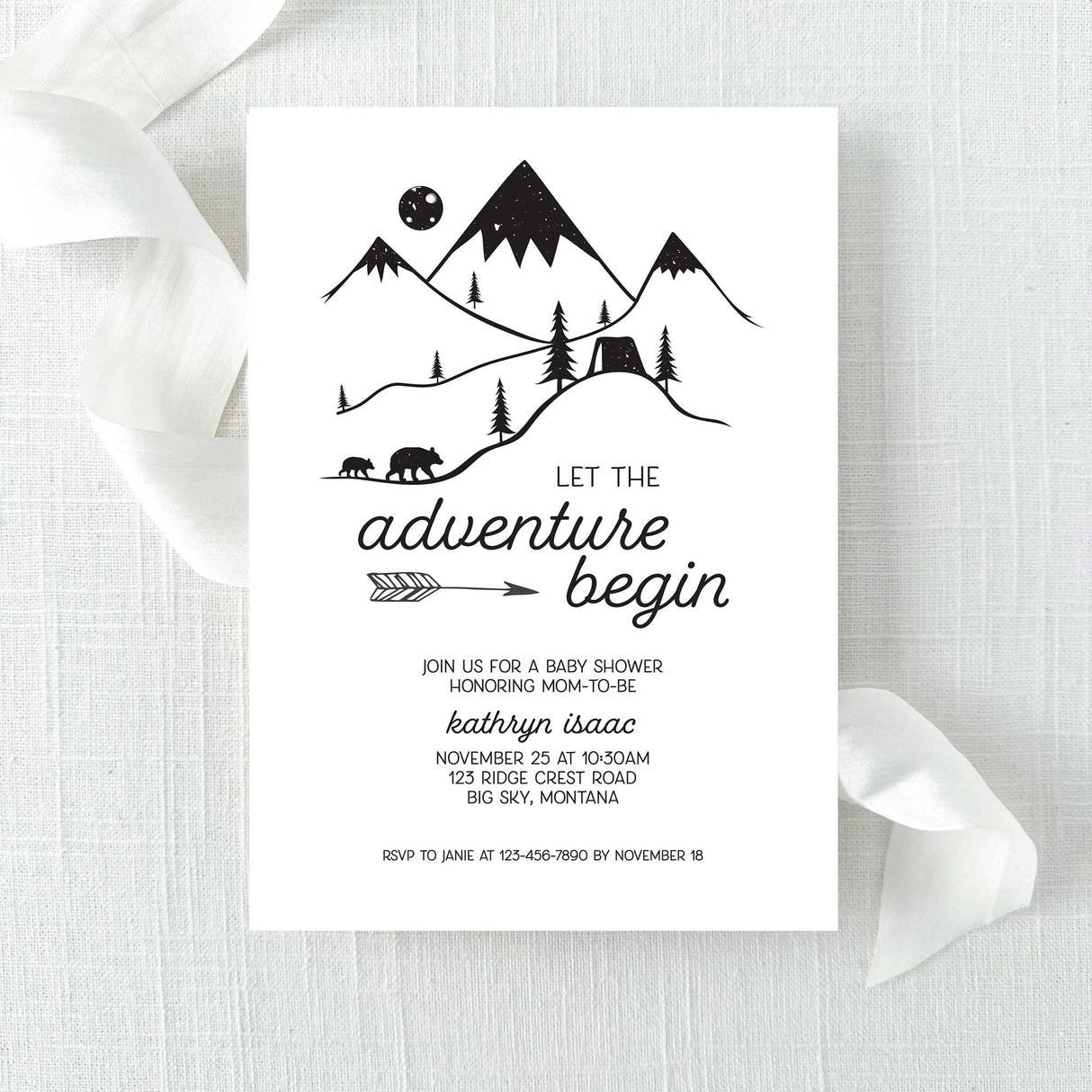 Baby shower invitation with minimal mountain and bear design on a white background pirnted on cardstock
