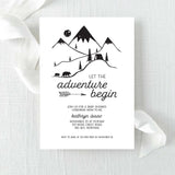 Baby shower invitation with minimal mountain and bear design on a white background pirnted on cardstock