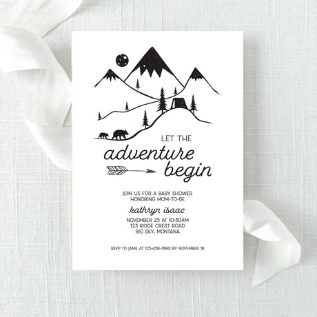 Baby shower invitation with minimal mountain and bear design on a white background pirnted on cardstock