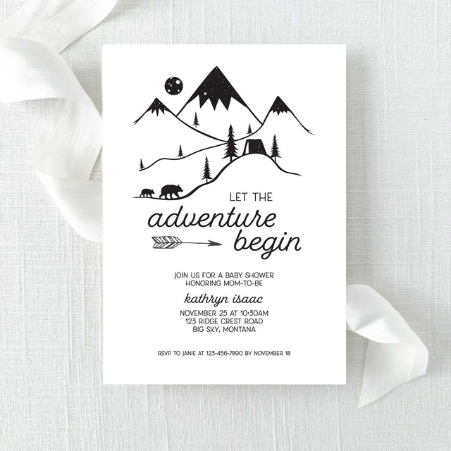 Baby shower invitation with minimal mountain and bear design on a white background pirnted on cardstock