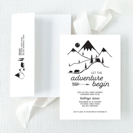 Baby shower invitation with mountain and nature-themed design on a white background with printed return address