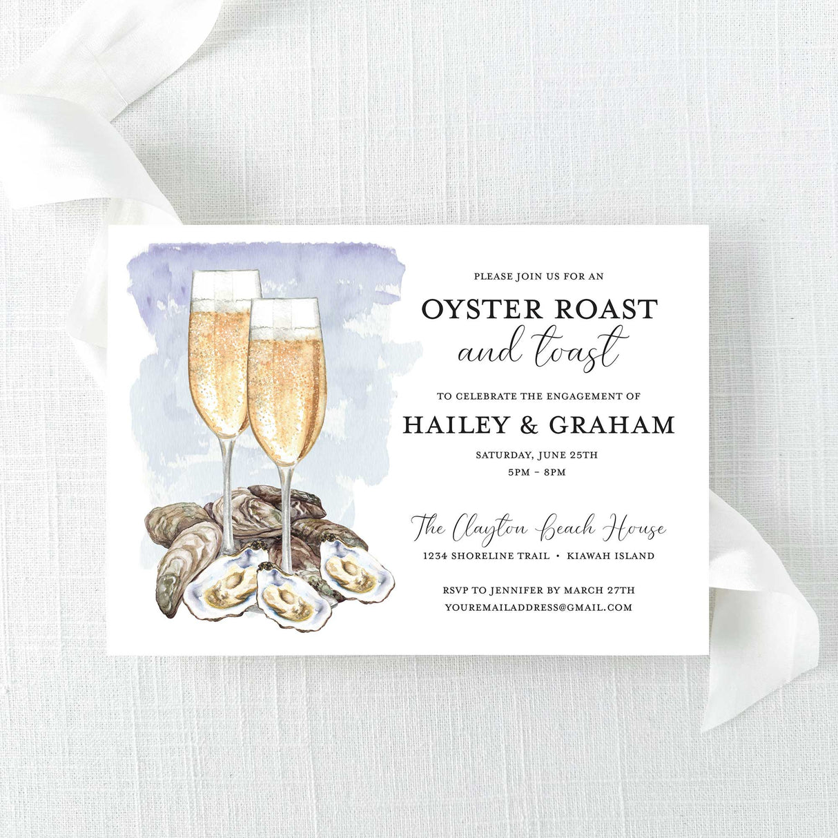 engagement party invitation for an oyster roast and toast celebration with watercolor champagne glasses and oysters design