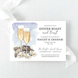 engagement party invitation for an oyster roast and toast celebration with watercolor champagne glasses and oysters design