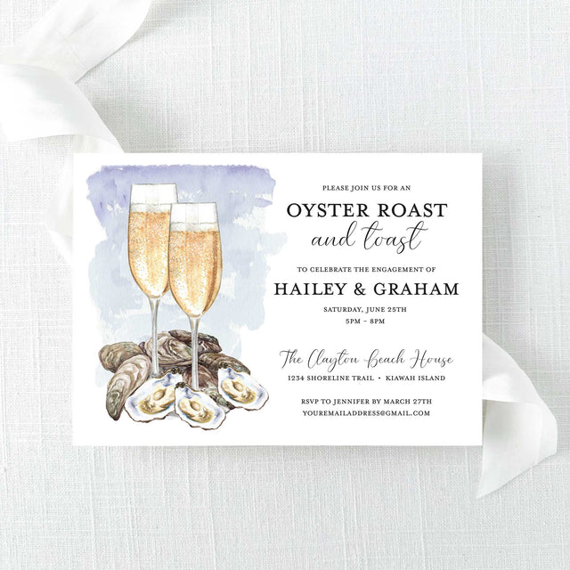 engagement party invitation for an oyster roast and toast celebration with watercolor champagne glasses and oysters design