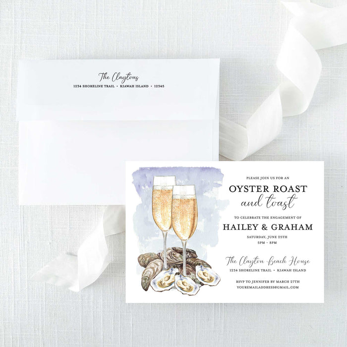 party invitation for an oyster roast and toast celebration featuring watercolor champagne glasses and oysters with square flapped envelope with return addressing