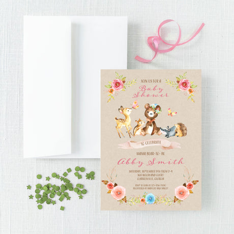 adorable mama bear baby shower invitation with illustrations of cute woodland animals and brightly colored florals with white square flapped envelope