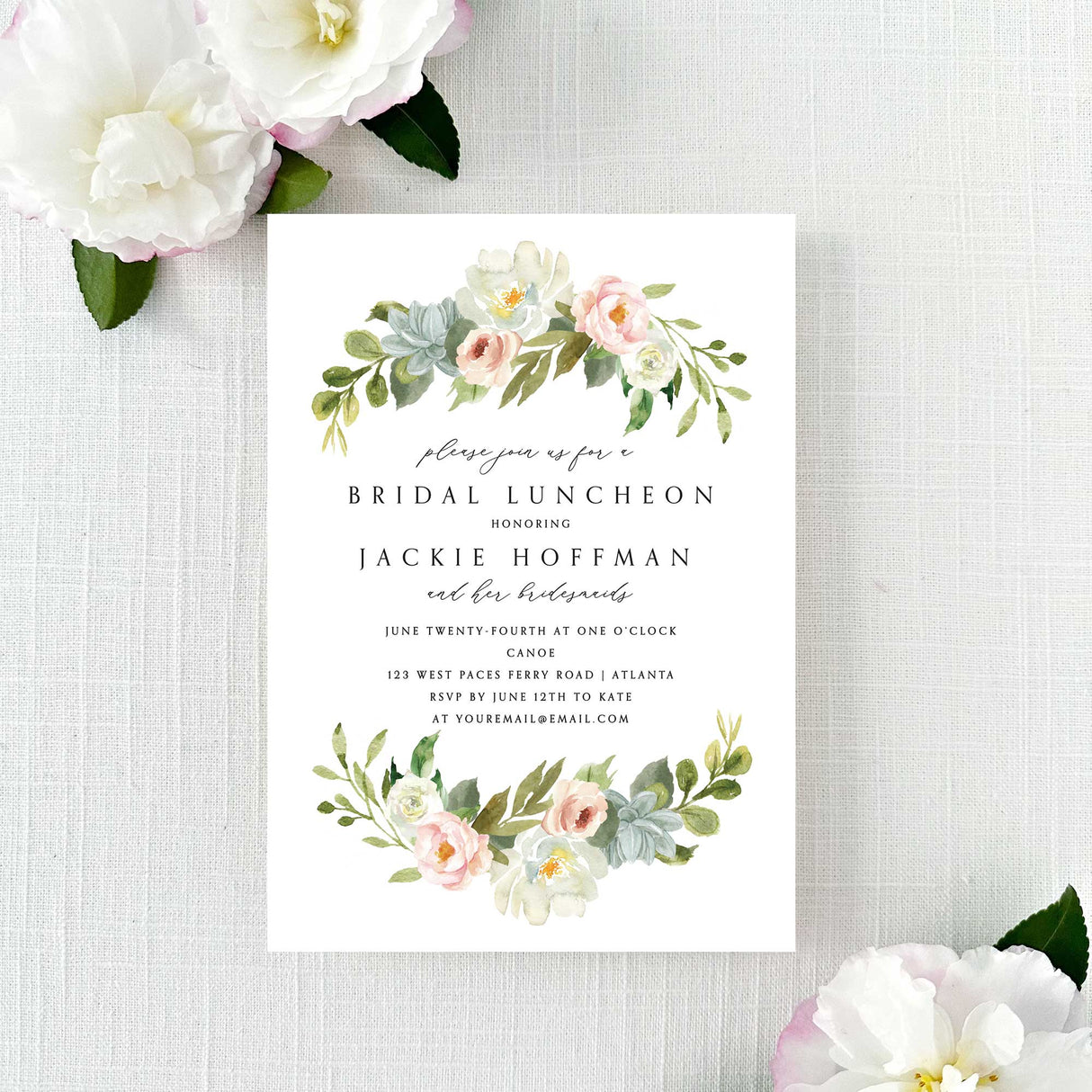 classic bridal luncheon invitation with pink, white, and blue flowers 