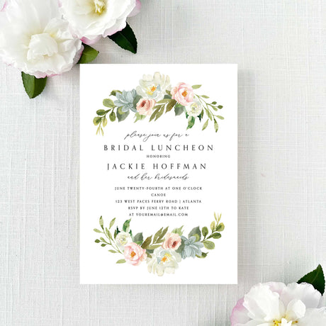 classic bridal luncheon invitation with pink, white, and blue flowers 