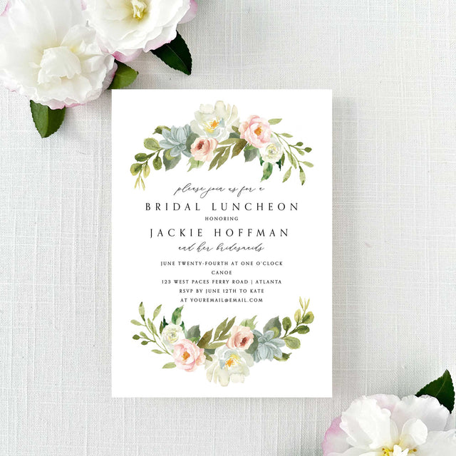 classic bridal luncheon invitation with pink, white, and blue flowers 