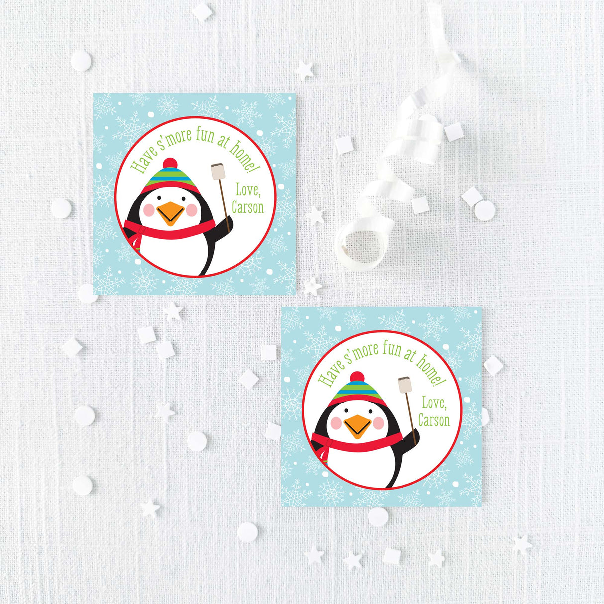 penguin theme stickers with a blue background with snowflakes