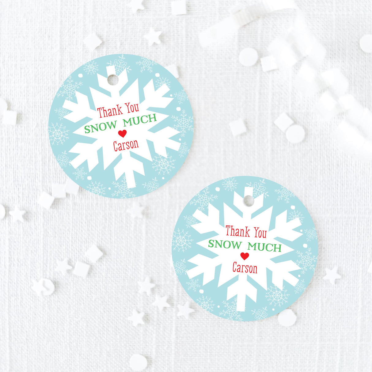 winter themed round favor tags with snowflake design on blue background with text 'thank you snow much' printed on white cardstock