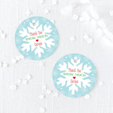 winter themed round favor tags with snowflake design on blue background with text 'thank you snow much' printed on white cardstock