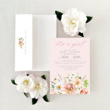pink floral baby shower invitation and envelope with return addressing