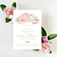 Baby shower invitation with pink and white pumpkins and flowers with gold script font