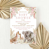 baby shower invitation with elephants and giraffes on a pink and tan floral background