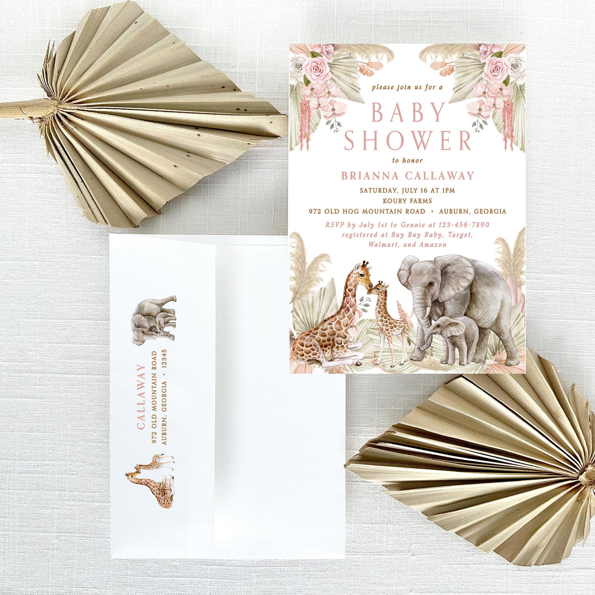 Baby shower invitation with safari animal design and pink and tan florals with square flapped envelope with return addressing