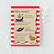 A pirate-themed birthday invitation with red and white stripes and illustrations of a pirate ship, a skull and crossbones, and a treasure chest