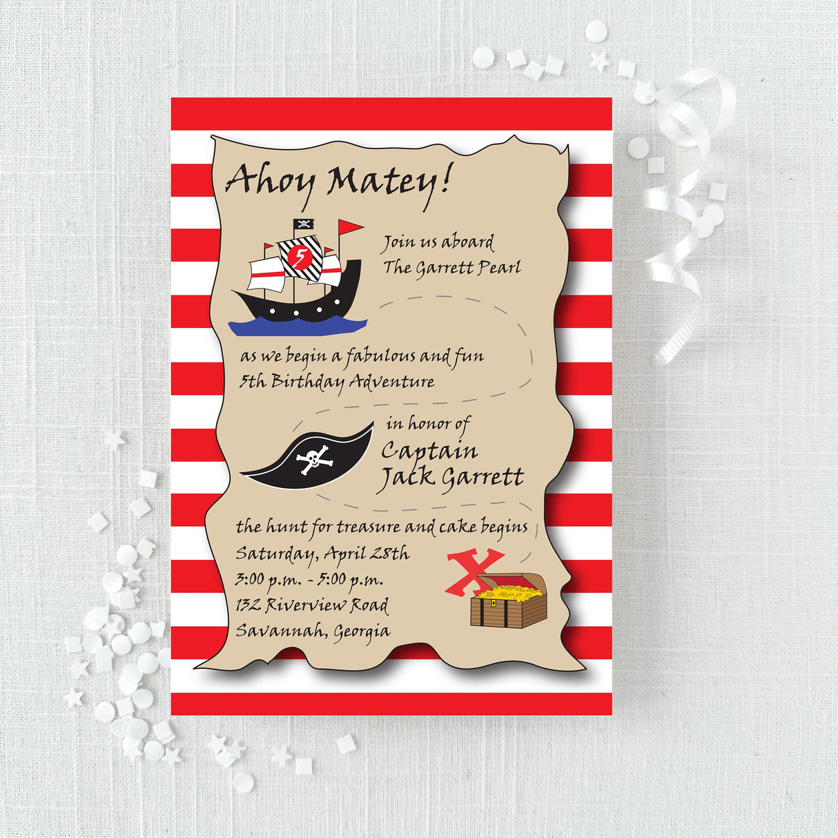 A pirate-themed birthday invitation with red and white stripes and illustrations of a pirate ship, a skull and crossbones, and a treasure chest