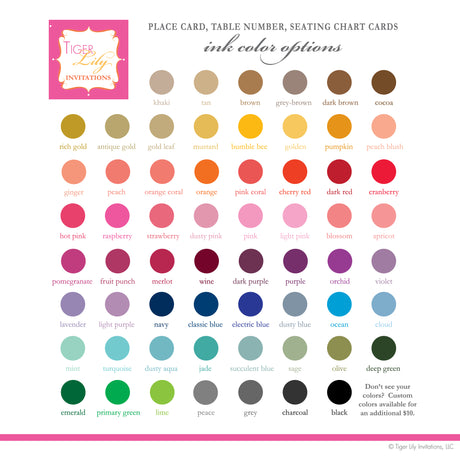 A color chart for displaying a range of ink colors available for customization, including shades of dusty blue, gray, gold leaf, and dusty pink