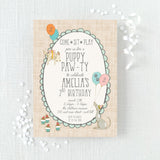 Birthday party invitation for puppy themed party with puppy, balloon, and cupcake illustrations 