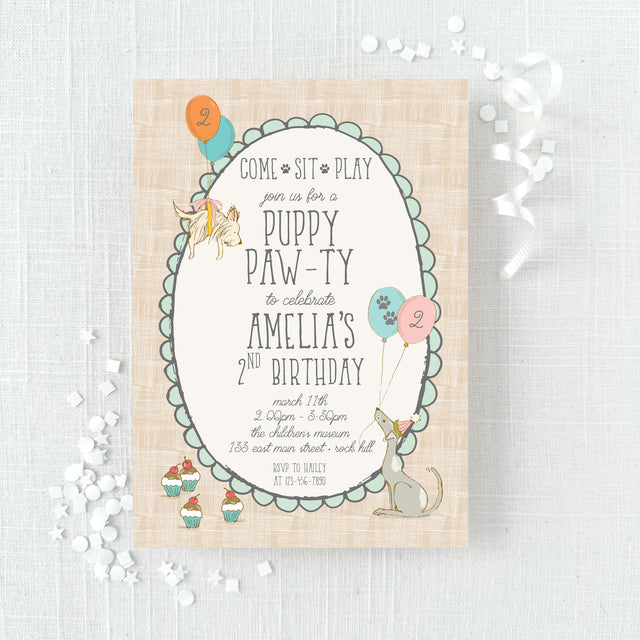 Birthday party invitation for puppy themed party with puppy, balloon, and cupcake illustrations 