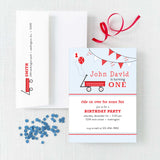 red wagon birthday party invitation with envelope featuring return address printing