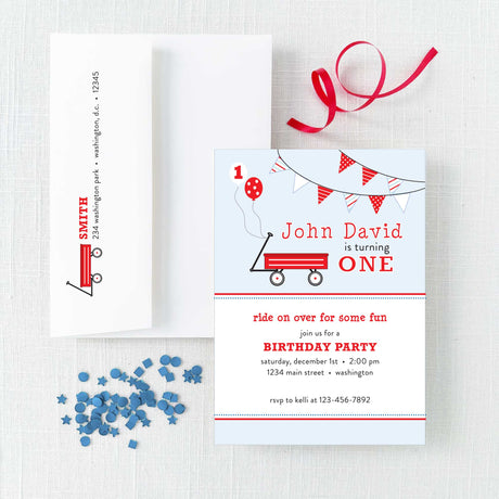 red wagon birthday party invitation with envelope featuring return address printing