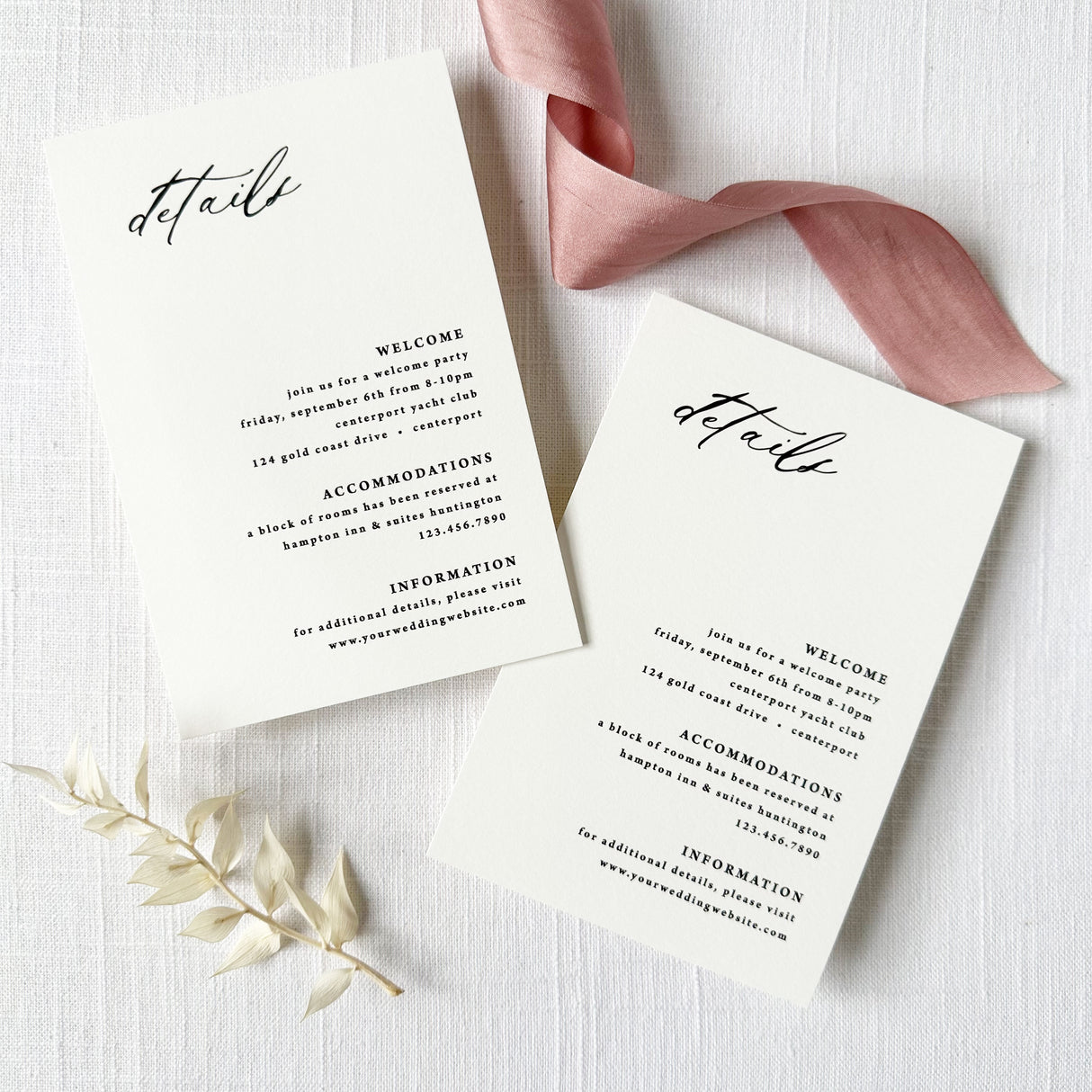 white wedding details card with black script and block fonts