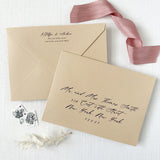 tan wedding invitation envelopes featuring return and guest addressing