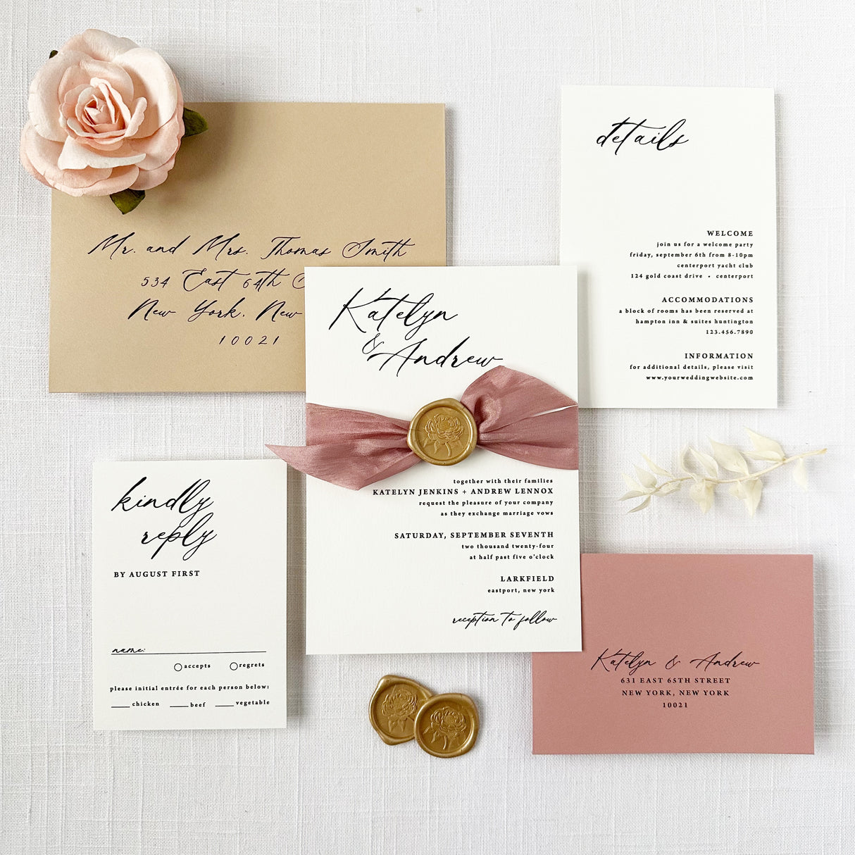 rose and latte wedding invitation set featuring black script and block fonts with tan and dusty rose envelopes