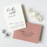 black and white wedding rsvp card with dusty rose envelope