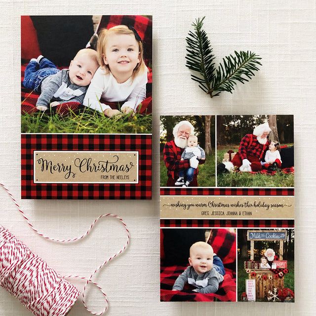 Christmas photo cards with a rustic red and black buffalo plaid design