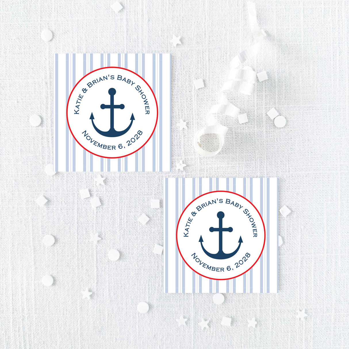 Nautical theme baby shower favor stickers with anchor design on blue striped background