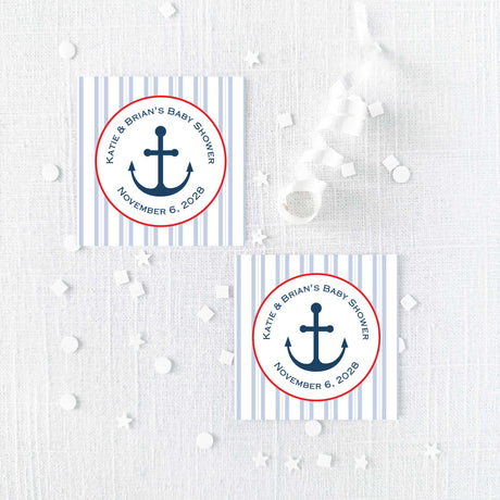Nautical theme baby shower favor stickers with anchor design on blue striped background