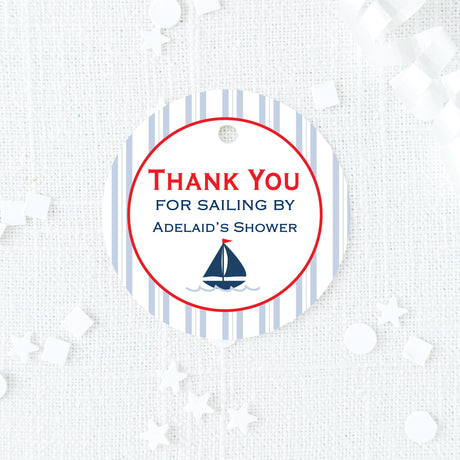 round blue and red favor tag with sailboat 