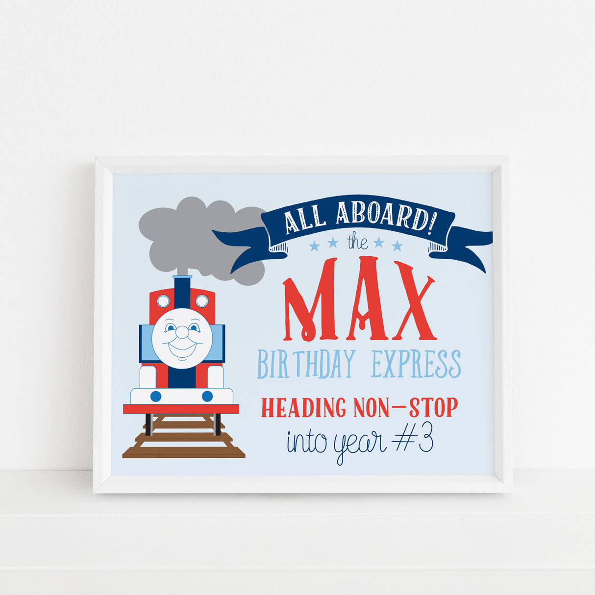Children's birthday sign with a red and blue train design and text on a light blue background