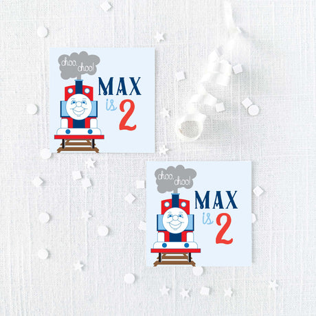 birthday sticker with blue and red train design