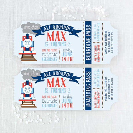 all aboard train birthday invitation with ticket shape in red, blue, and white