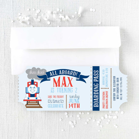 ticket shaped birthday invitation with train theme with blank white envelope
